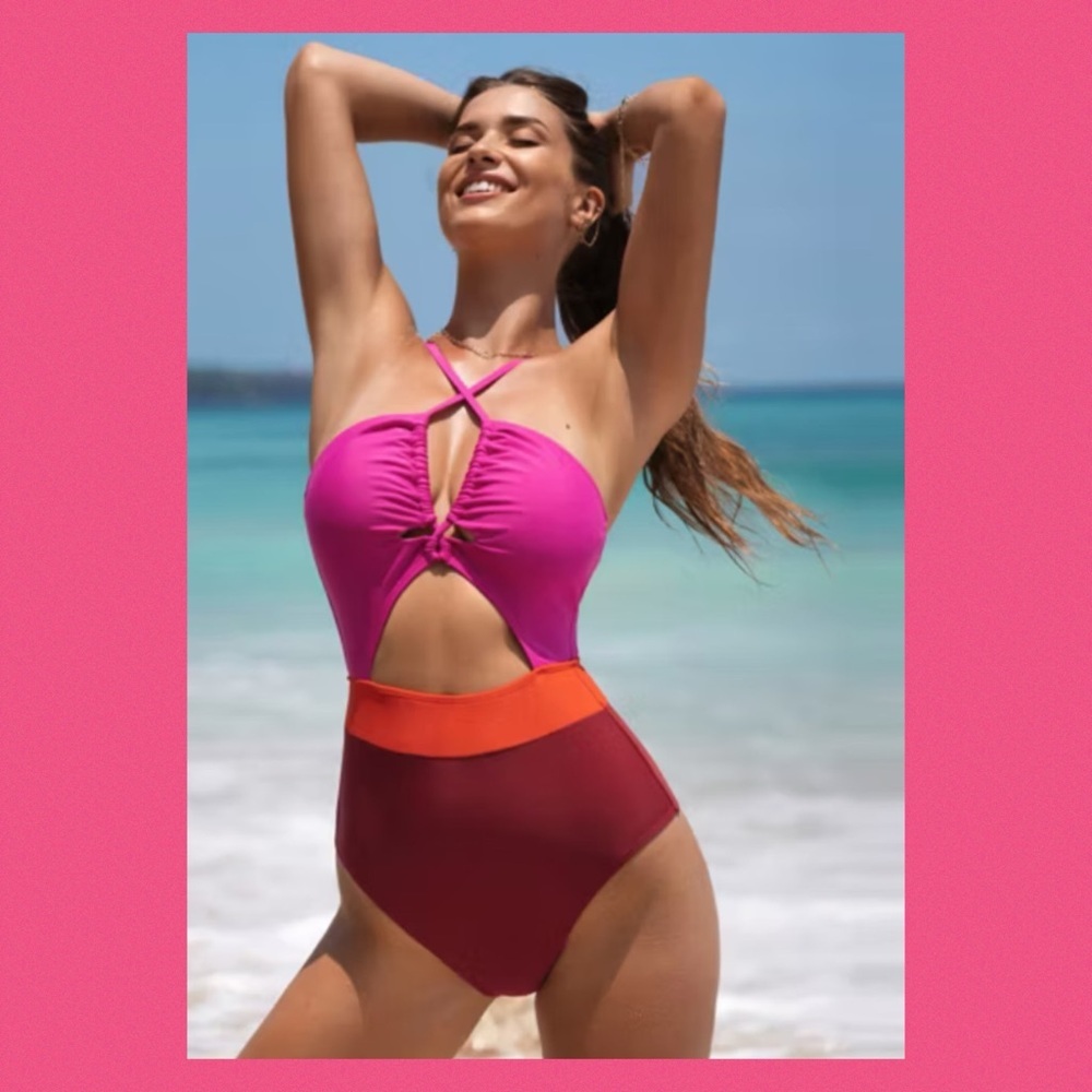 Pink with red bottoms one piece swimsuit. 4 - Picture 1 of 6